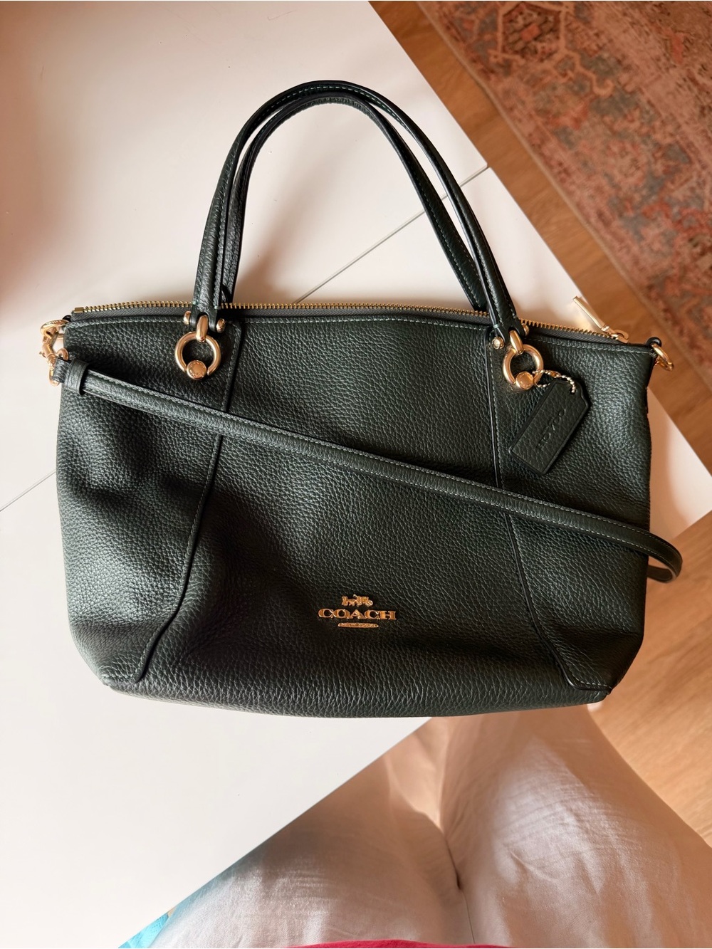 Coach Pebbled Leather Satchel in Dark Green with Gold Hardware - Picture 2 of 3